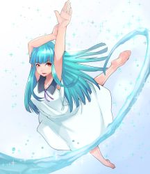 Rule 34 | 1girl, aqua hair, arms up, barefoot, dress, feet, kula diamond, long hair, looking at viewer, parted lips, red eyes, snk, soles, the king of fighters, the king of fighters xiv, toes