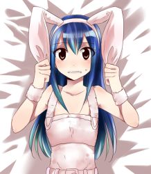 Rule 34 | 1girl, animal ears, bed sheet, blue hair, blush, brown eyes, rabbit ears, fairy tail, fake animal ears, long hair, looking at viewer, mady (madine08260), solo, wendy marvell