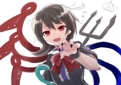 Rule 34 | 1girl, asymmetrical wings, black dress, black hair, black nails, blue wings, dress, fang, holding, houjuu nue, looking at viewer, nagasioo, nail polish, open mouth, polearm, red eyes, red neckwear, red wings, short sleeves, simple background, sketch, snake, trident, ufo, upper body, weapon, white background, wings