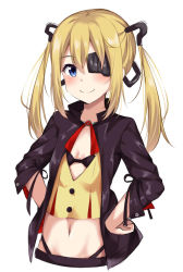 Rule 34 | 1girl, bikini, bikini top only, black bikini, black jacket, blonde hair, blue eyes, blush, closed mouth, commentary request, crop top, eyepatch, girls&#039; frontline, hair between eyes, hands on own hips, highres, jacket, kohakope, long hair, long sleeves, looking at viewer, midriff, navel, open clothes, open jacket, sidelocks, simple background, skorpion (girls&#039; frontline), smile, solo, swimsuit, twintails, upper body, white background