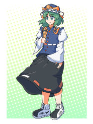 Rule 34 | 1girl, black skirt, blue hat, blue vest, border, closed mouth, commentary, commission, drip (meme), english commentary, frilled hat, frills, full body, green background, green eyes, green hair, hat, highres, holding, juliet sleeves, long sleeves, meme, neferkitty, polka dot, polka dot background, puffy sleeves, rod of remorse, shiki eiki, shoes, short hair, skirt, smile, sneakers, solo, standing, touhou, vest, white border