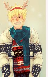 Rule 34 | 1boy, animal ears, antlers, blonde hair, closed eyes, hands in pockets, horns, male focus, naruto, naruto (series), scarf, short hair, smile, solo, spiked hair, sweater, uzumaki naruto, whiskers