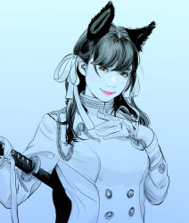 Rule 34 | animal ears, atago (azur lane), azur lane, black hair, blue theme, brown eyes, buttons, cosplay, gloves, hair ribbon, head tilt, highres, holding, holding weapon, katana, lipstick, long hair, looking at viewer, makeup, military, military uniform, mole, mole under eye, monochrome, partially colored, portrait, ribbon, solo, sword, terarin, uniform, upper body, weapon, white gloves