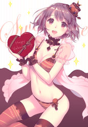 Rule 34 | 1girl, :d, blush, bow, bow bra, bow panties, box, bra, breasts, brown hair, brown thighhighs, cleavage, collarbone, commentary request, earrings, english text, food, food-themed clothes, gift, gift box, happy valentine, hat, head tilt, heart-shaped box, highres, holding, holding gift, jewelry, looking at viewer, macaron, mini hat, mini top hat, nishimura eri, open mouth, original, panties, puffy short sleeves, puffy sleeves, red eyes, see-through, see-through sleeves, short sleeves, small breasts, smile, solo, sparkle, striped background, striped bra, striped clothes, striped panties, sweets lingerie, teeth, thighhighs, tilted headwear, top hat, underwear, upper teeth only, vertical stripes, wrist cuffs