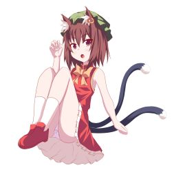 Rule 34 | 1girl, :o, animal ear fluff, animal ears, blush, brown eyes, brown hair, cat ears, cat tail, chen, claw pose, earrings, flat chest, floating, full body, furagu, gold trim, hand up, hat, highres, jewelry, knees up, looking at viewer, mob cap, multiple tails, nekomata, open mouth, panties, red skirt, red vest, short hair, simple background, single earring, skirt, solo, tail, touhou, two tails, underwear, upskirt, vest, white background