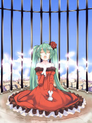 Rule 34 | 1girl, ahoge, aqua hair, bare shoulders, cage, day, dress, closed eyes, feathers, female focus, flower, gloves, hair ornament, hatsune miku, long hair, music, open mouth, red dress, rose, shiromiso, singing, sitting, sky, solo, twintails, vocaloid