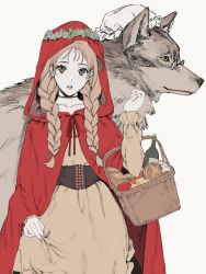 Rule 34 | 1girl, absurdres, animal, big bad wolf, bottle, braid, breasts, brown hair, cheese, cloak, fingernails, food, freckles, glasses, green eyes, hand up, hat, head wreath, highres, hood, hood up, hooded cloak, little red riding hood, little red riding hood (grimm), long hair, long sleeves, looking at viewer, nail polish, oversized animal, parted lips, picnic basket, mob cap, pince-nez, pink nails, red cloak, red hood, sankomichi, simple background, skirt hold, twin braids, underbust, white background, wine bottle, wolf