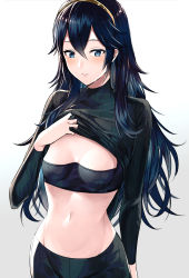 Rule 34 | 1girl, ameno (a meno0), blouse, blue eyes, blue hair, blue shirt, blush, bra, breasts, cleavage, clothes lift, fire emblem, hair between eyes, hand on own chest, long hair, lucina (fire emblem), matching hair/eyes, navel, nintendo, pantyhose, shirt, shirt lift, smile, solo, standing, symbol-shaped pupils, underwear, white background