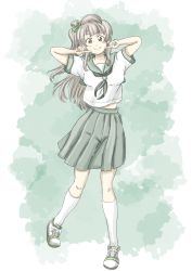Rule 34 | 1girl, absurdres, artist name, artist request, blush, bow, breasts, brown eyes, brown hair, female focus, full body, green bow, grey hair, grey neckwear, grey skirt, hair bow, highres, light brown hair, long hair, love live!, love live! school idol project, minami kotori, nakamoto vic, parted lips, ponytail, sailor collar, shirt, shoes, side ponytail, skirt, small breasts, smile, solo, white footwear, white legwear, white shirt