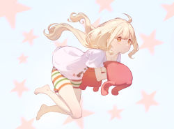 Rule 34 | 1girl, ahoge, barefoot, blonde hair, futaba anzu, holding, idolmaster, idolmaster cinderella girls, long hair, low twintails, orange eyes, shirt, short sleeves, shorts, simple background, smile, solo, star (symbol), starry background, striped clothes, striped shorts, stuffed animal, stuffed rabbit, stuffed toy, timbougami, twintails, two-tone background, white shirt, you work you lose