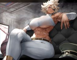 Rule 34 | 1girl, abs, absurdres, arm rest, armpits, bandaged arm, bandages, bare shoulders, belt, biceps, black hat, breasts, brown belt, commentary, couch, cowboy shot, crop top, dark-skinned female, dark skin, debonair diamond, eyebrows hidden by hair, eyepatch, groin, hair between eyes, halterneck, hat, highres, indoors, large breasts, looking at viewer, messy hair, muscular, muscular female, navel, pants, parted lips, red eyes, red hood (kawaguchi), revision, scar, scar on stomach, shirt, short hair, sidelocks, sitting, solo, stomach, sweat, taut clothes, taut shirt, thick eyebrows, underboob, unworn hat, unworn headwear, white hair, white pants, white shirt, yoshio (55level)