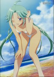 Rule 34 | 00s, 1girl, ;d, adjusting hair, ahoge, aqua hair, beach, bent over, bikini, blue eyes, blush, breasts, cleavage, cloud, crease, day, downblouse, hand on own knee, highres, legs, lemon angel project, long hair, looking at viewer, megami magazine, minaguchi tomo, non-web source, ocean, official art, one eye closed, open mouth, outdoors, parted bangs, scan, scan artifacts, side-tie bikini bottom, sidelocks, sky, small breasts, smile, solo, spiked hair, string bikini, swimsuit, twintails, very long hair, watanabe yukari, water, white bikini, wink