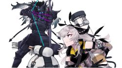 Rule 34 | 1boy, 1girl, applepiesuko, arknights, arrow (projectile), black hair, blue eyes, bow, demon boy, demon horns, detached sleeves, hairband, highres, horns, long hair, low-tied long hair, mask, red eyes, silver hair, sleeveless, weapon, weedy (arknights), white background, withered knight (arknights)