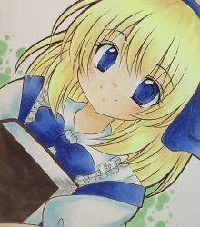 Rule 34 | 1girl, alice margatroid, alice margatroid (pc-98), blonde hair, blue eyes, blue hairband, blue ribbon, blush, book, hairband, highres, holding, holding book, kazra, looking at viewer, ribbon, short hair, smile, solo, touhou, white background
