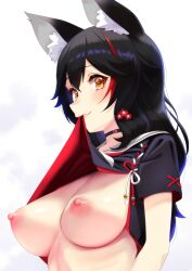 Rule 34 | 1girl, animal ear fluff, animal ears, black choker, black hair, breasts, choker, hair between eyes, hair ornament, highres, hololive, large breasts, long hair, looking at viewer, mouth hold, multicolored hair, nipples, no bra, official alternate costume, official alternate hair length, official alternate hairstyle, ookami mio, ookami mio (another ookami mio), pointy breasts, red hair, simple background, solo, streaked hair, upper body, virtual youtuber, white background, wolf ears, yellow eyes, zabudog777
