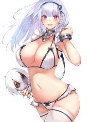 Rule 34 | 1girl, :d, azur lane, bad id, bad pixiv id, bikini, black hairband, blush, breasts, character doll, cleavage, commentary request, dido (azur lane), earrings, floating hair, hairband, heart, heart earrings, highres, jewelry, large breasts, long hair, looking at viewer, navel, open mouth, pink eyes, ruwoka, silver hair, simple background, sirius (azur lane), smile, solo, standing, swimsuit, thighhighs, white background, white bikini, white thighhighs