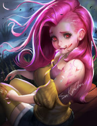 Rule 34 | 1girl, bench, blood, blood on face, blood on hands, dark persona, earrings, evil smile, feathers, fluttershy, gradient background, humanization, jewelry, lipstick, long hair, makeup, my little pony, my little pony: friendship is magic, personification, petals, pink hair, pink lips, red eyes, sakimichan, signature, sitting, smile, solo, stud earrings, tattoo, thighhighs, water, yellow thighhighs