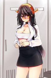 Rule 34 | 10s, 1girl, alternate costume, black hair, black skirt, breasts, collar, commentary request, fingernails, hair between eyes, hair ornament, hairclip, haruna (kancolle), headgear, heart lock (kantai collection), indoors, jewelry, kantai collection, large breasts, long hair, long sleeves, looking at viewer, office lady, open clothes, open shirt, revision, ring, sarashi, shirt, skirt, smile, solo, tsukui kachou, wedding band, white shirt, yellow eyes