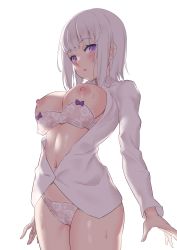 Rule 34 | 1girl, backlighting, blush, breasts, cleft of venus, collared shirt, dress shirt, highres, jilu, large breasts, long sleeves, looking at viewer, navel, nipples, open clothes, open mouth, open shirt, original, purple eyes, shirt, short hair, solo, thighs, white background, white hair, white shirt