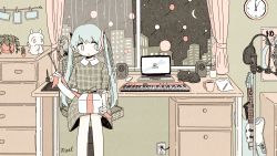 Rule 34 | 1girl, aqua eyes, aqua hair, balloon, black cat, cactus, cat, city, clock, collared dress, computer, crescent moon, cup, desk, drawer, dress, eighth note, electric guitar, electrical outlet, electrical outlet, guitar, hatsune miku, indoors, instrument, keyboard (instrument), long hair, microphone, moon, mug, musical note, night, night sky, noeru (noellemonade), plant, potted plant, puffy short sleeves, puffy sleeves, short sleeves, signature, sitting, sky, solo, speaker, spring onion, star (sky), starry sky, twintails, vocaloid, wall clock, window