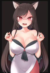 Rule 34 | 1girl, absurdres, animal ear fluff, animal ears, black background, blush, breasts, breath, bright pupils, brooch, brown background, brown hair, commentary request, covered erect nipples, covered navel, cowboy shot, dress, drooling, fangs, fingernails, harunoha, highres, imaizumi kagerou, jewelry, large breasts, long hair, looking at viewer, medium bangs, off-shoulder dress, off shoulder, open mouth, pink nails, rape face, red brooch, red eyes, shaded face, shiny skin, short sleeves, skin fangs, smile, solo, touhou, two-tone background, very long hair, white dress, white pupils, wolf ears, wolf girl