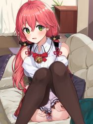 Rule 34 | 1girl, absurdres, ahoge, bare shoulders, bell, between legs, black bow, blush, bow, brown legwear, collared shirt, commentary request, couch, curtains, detached sleeves, feet out of frame, frilled skirt, frills, green eyes, hair between eyes, hair bow, hand between legs, highres, hololive, indoors, jingle bell, knees together feet apart, knees up, long hair, long sleeves, looking at viewer, on couch, parted lips, pillow, plaid, plaid skirt, pleated skirt, racchi., red bow, red hair, red skirt, sakura miko, sakura miko (casual), shirt, skirt, sleeveless, sleeveless shirt, sleeves past wrists, solo, very long hair, virtual youtuber, white shirt, white sleeves