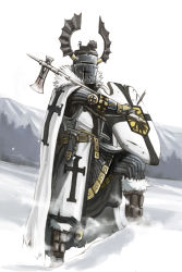 Rule 34 | 1boy, armor, axe, cape, chainmail, cross, forest, full armor, fur-trimmed footwear, fur cape, fur trim, gauntlets, helm, helmet, hill, holding, knife, knight, male focus, nature, original, over shoulder, sheath, sheathed, shield, snow, solo, teutonic knights, weapon, weapon over shoulder, yana yana