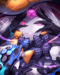 Rule 34 | 1girl, abigail williams (fate), abigail williams (third ascension) (fate), black hat, bow, claws, commentary request, corruption, eyelashes, fate/grand order, fate (series), forehead, glowing, glowing eyes, grin, hat, keyhole, long hair, multiple bows, orange bow, polka dot, polka dot bow, saigokukun, sharp teeth, smile, solo, teeth, tentacles, third eye, white hair, witch hat