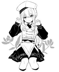 Rule 34 | 1girl, buttons, closed mouth, double-breasted, greyscale, hands up, hat, kusanagi nene, long sleeves, miwasiba, monochrome, project sekai, puffy long sleeves, puffy sleeves, saikou no crank up! (project sekai), sidelocks, simple background, sitting, smile, solo