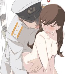 Rule 34 | 10s, 1boy, 2girls, admiral (kancolle), bent over, breasts, brown eyes, brown hair, clothed female nude female, clothed male nude female, clothed sex, collarbone, couple, doggystyle, door, hat, heart, hetero, jpeg artifacts, kadokawa shoten, kantai collection, kitakami (kancolle), long hair, multiple girls, ningen (ningen96), nipples, nude, ooi (kancolle), peeking, peeking out, petite, saliva, saliva trail, sex, sex from behind, shaded face, simple background, sweat, tongue, tongue out, voyeurism, white background, wince