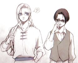 Rule 34 | 2boys, ?, adjusting eyewear, arm at side, arthur beresford, ascot, bag, braid, braided ponytail, closed mouth, collared shirt, csanaca, furrowed brow, glasses, hand on own hip, hand up, height difference, higeki no genkyou tonaru saikyou gedou last boss joou wa tami no tame ni tsukushimasu, highres, holding strap, long hair, long sleeves, looking at another, looking to the side, male focus, multiple boys, parted bangs, puffy long sleeves, puffy sleeves, sash, shirt, short hair, shoulder bag, side-by-side, sideways glance, simple background, single braid, spoken question mark, stale royal ivy, toggles, twitter username, vest