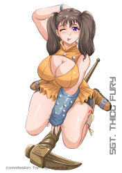 Rule 34 | 1girl, :p, bare shoulders, breasts, brown hair, cleavage, cleavage cutout, clothing cutout, diane (nanatsu no taizai), highres, huge breasts, large breasts, long hair, looking at viewer, nanatsu no taizai, one eye closed, purple eyes, sgt thicc fury, shorts, sleeveless, tongue, tongue out, twintails