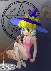 Rule 34 | 1girl, blush, breasts, hat, ookamiuo, see-through, smile, solo, staff, witch