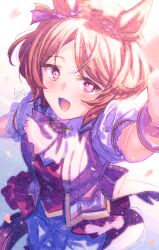 Rule 34 | 1girl, arm up, brown hair, collared shirt, commentary request, flower-shaped pupils, from above, gloves, ittokyu, looking at viewer, looking up, open clothes, open vest, pants, parted bangs, pink vest, puffy short sleeves, puffy sleeves, purple eyes, red vest, sakura laurel (umamusume), shirt, short sleeves, signature, solo, symbol-shaped pupils, umamusume, vest, white gloves, white pants, white shirt, wrist cuffs