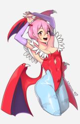 Rule 34 | 1girl, animal print, arms up, bat print, bat wings, blush, breasts, bridal gauntlets, covered navel, d-ryuu, fangs, grey background, head wings, interlocked fingers, leotard, lilith aensland, looking at viewer, open mouth, pink hair, red eyes, short hair, small breasts, smile, solo, vampire (game), wings
