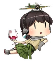 Rule 34 | 10s, 1girl, aircraft, airplane, alcohol, brown hair, chibi, cup, drinking glass, fairy (kancolle), folded ponytail, full body, gloves, grey gloves, hakama, hakama skirt, headphones, holding, holding cup, holding drinking glass, japanese clothes, kantai collection, kasuga maru (kancolle), open mouth, single glove, skirt, smile, solid oval eyes, solo, taiyou (kancolle), triangle mouth, wine, wine glass, yamashichi (mtseven)