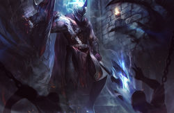 Rule 34 | 1boy, 2others, absurdres, armor, bare shoulders, belt, brown belt, candle, fake horns, fire, fire, fur-trimmed jacket, fur trim, glowing, helm, helmet, highres, holding, holding polearm, holding shield, holding weapon, horned helmet, horned shield, horns, jacket, league of legends, male focus, multiple others, muscular, muscular male, pantheon (league of legends), polearm, shield, signature, solo, stairs, walking, weapon, wutu (1183238220)