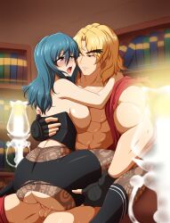 Rule 34 | 1boy, 1girl, absurdres, artist request, ass, black gloves, blonde hair, blue eyes, blue hair, blush, book, bookshelf, breasts, breasts out, byleth (female) (fire emblem), byleth (fire emblem), candlelight, clothed sex, clothes pull, crossover, fire emblem, fire emblem: three houses, girl on top, gloves, highres, holding, holding leg, ken masters, large breasts, leggings, library, moaning, muscular, muscular male, nintendo, non-web source, open clothes, open mouth, open shirt, pants, pants pull, pantyhose, sex, shorts, street fighter, super smash bros., thighhighs, torn clothes, torn pantyhose, torn shorts, vaginal