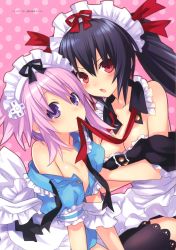 Rule 34 | 10s, 2girls, absurdres, alternate costume, apron, bare shoulders, black hair, black legwear, blush, breast hold, breasts, cleavage, d-pad, female focus, hair ornament, highres, long hair, looking at viewer, maid headdress, mouth hold, multiple girls, neptune (neptunia), neptune (series), noire (neptunia), off shoulder, official art, open clothes, open mouth, polka dot, polka dot background, purple eyes, purple hair, red eyes, ribbon, ribbon in mouth, short hair, thighhighs, tsunako, twintails