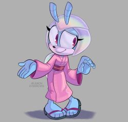 Rule 34 | 1girl, absurdres, alternate costume, antennae, artist name, full body, furry, furry female, grey background, highres, japanese clothes, jewel the beetle, kimono, lemon eyebrows, looking to the side, pink kimono, red eyes, sandals, simple background, solo, sonic (series), sonic the hedgehog (idw)
