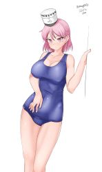 Rule 34 | 1girl, absurdres, blue one-piece swimsuit, breasts, cowboy shot, dated, giuseppe garibaldi (kancolle), hat, highres, kantai collection, large breasts, maru (marg0613), mini hat, one-piece swimsuit, pink eyes, pink hair, school swimsuit, short hair, simple background, solo, standing, swimsuit, twitter username, white background