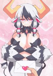 Rule 34 | 1girl, animal ears, animal hands, black hair, blush, breasts, cleavage, closed mouth, cow ears, cow girl, cow horns, demon girl, demon horns, disgaea, evil eye (disgaea), flying sweatdrops, gold horns, highres, horns, huge breasts, huge horns, inkerton-kun, large breasts, letter, looking at viewer, love letter, lovestruck, makai senki disgaea 6, monster girl, multicolored eyes, pink background, slit pupils, solo, upper body, white hair, wide-eyed