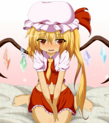 Rule 34 | 1girl, bare legs, barefoot, between breasts, blonde hair, blush, breasts, clothes between breasts, dr. cryptoso, fangs, female focus, flandre scarlet, hat, hat ribbon, highres, midriff, navel, open mouth, red eyes, ribbon, shirt, side ponytail, sitting, skirt, skirt set, slit pupils, smile, solo, touhou, v arms, wariza, wings