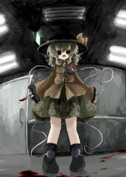 Rule 34 | 1girl, black eyes, black footwear, black hat, blood, blood on ground, bloody knife, boots, bow, buttons, collared shirt, diamond button, eyeball, floral print, frilled shirt collar, frilled sleeves, frills, from below, full body, green hair, green skirt, hat, hat bow, hat ribbon, heart, heart of string, heripantomorrow, highres, holding, holding knife, knife, komeiji koishi, long sleeves, looking at viewer, medium hair, open mouth, ribbon, rose print, shirt, skirt, smile, solo, third eye, touhou, wavy hair, wide sleeves, yellow bow, yellow ribbon, yellow shirt