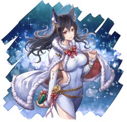 Rule 34 | 1girl, animal ears, black hair, breasts, cape, christmas present, covered navel, detached sleeves, erune, eustace-flamek, fur-trimmed cape, fur trim, gift, granblue fantasy, highres, ilsa (granblue fantasy), long hair, nail polish, red eyes, red nails, sideless outfit
