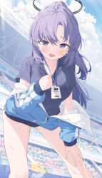 Rule 34 | 1girl, absurdres, blue archive, blue jacket, blush, bottle, buruma, gym uniform, halo, hand on own chest, hand on own knee, highres, id card, jacket, lanyard, leaning forward, long hair, long sleeves, looking at viewer, munseonghwa, off shoulder, official alternate costume, open mouth, partially unzipped, ponytail, purple buruma, purple eyes, purple hair, purple shirt, shirt, short sleeves, solo, sportswear, star (symbol), sticker on face, sweat, track jacket, water bottle, yuuka (blue archive), yuuka (track) (blue archive)