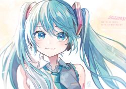 Rule 34 | 1girl, 2021, anniversary, arms at sides, bare shoulders, beige background, blue eyes, blue hair, blue necktie, character name, close-up, collared shirt, dated, dot nose, floating hair, fusion, grey shirt, hair between eyes, hatsune miku, hatsune miku (nt), headset, lens flare, light blush, long hair, looking at viewer, necktie, piapro, shirt, sidelighting, signature, simple background, sleeveless, sleeveless shirt, smile, solo, tama (songe), tsurime, twintails, two-tone shirt, upper body, very long hair, vocaloid, white shirt