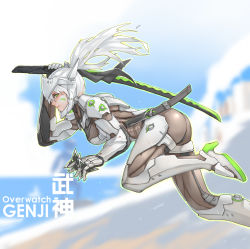 Rule 34 | 1girl, alternate hair color, arm up, armor, ass, between fingers, blurry, bodysuit, breasts, character name, closed mouth, copyright name, cyborg, depth of field, facepaint, from side, genderswap, genderswap (mtf), genji (overwatch), green eyes, headgear, highres, holding, holding sword, holding weapon, katana, large breasts, long hair, looking at viewer, mizu (dl7613), no pupils, outline, overwatch, overwatch 1, ponytail, profile, scabbard, sheath, shuriken, solo, sword, unsheathed, weapon, white hair