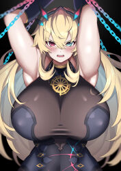 Rule 34 | 1girl, absurdres, arms up, blonde hair, blue eyes, blush, breasts, chain, chained, covered erect nipples, barghest (fate), barghest (second ascension) (fate), fate/grand order, fate (series), heterochromia, highres, huge breasts, imuzi, jewelry, long hair, pendant, red eyes, sleeveless, solo