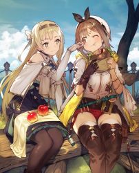 Rule 34 | 2girls, ;t, apple, artist request, atelier (series), atelier ryza, atelier ryza 1, bare shoulders, belt, belt buckle, beret, black gloves, black legwear, black ribbon, blonde hair, blue skirt, blue sky, blush, boots, bow, braid, breasts, brown eyes, brown footwear, brown hair, brown hairband, buckle, burger, capelet, closed mouth, cloud, commentary request, day, eating, feet out of frame, flask, food, food on face, frilled skirt, frills, fruit, gloves, green eyes, hair bow, hairband, hat, hat ribbon, high-waist skirt, highres, holding, holding food, hood, hood down, klaudia valentz, long hair, looking at another, looking to the side, medium breasts, multiple girls, official art, on bench, outdoors, pantyhose, railing, red shorts, reisalin stout, ribbon, round-bottom flask, shirt, short hair, short shorts, short sleeves, shorts, side braid, single glove, sitting, skirt, sky, smile, tassel, test tube, thigh boots, thighhighs, thighhighs under boots, toridamono, tree, very long hair, wavy mouth, white bow, white capelet, white headwear, white legwear, white shirt